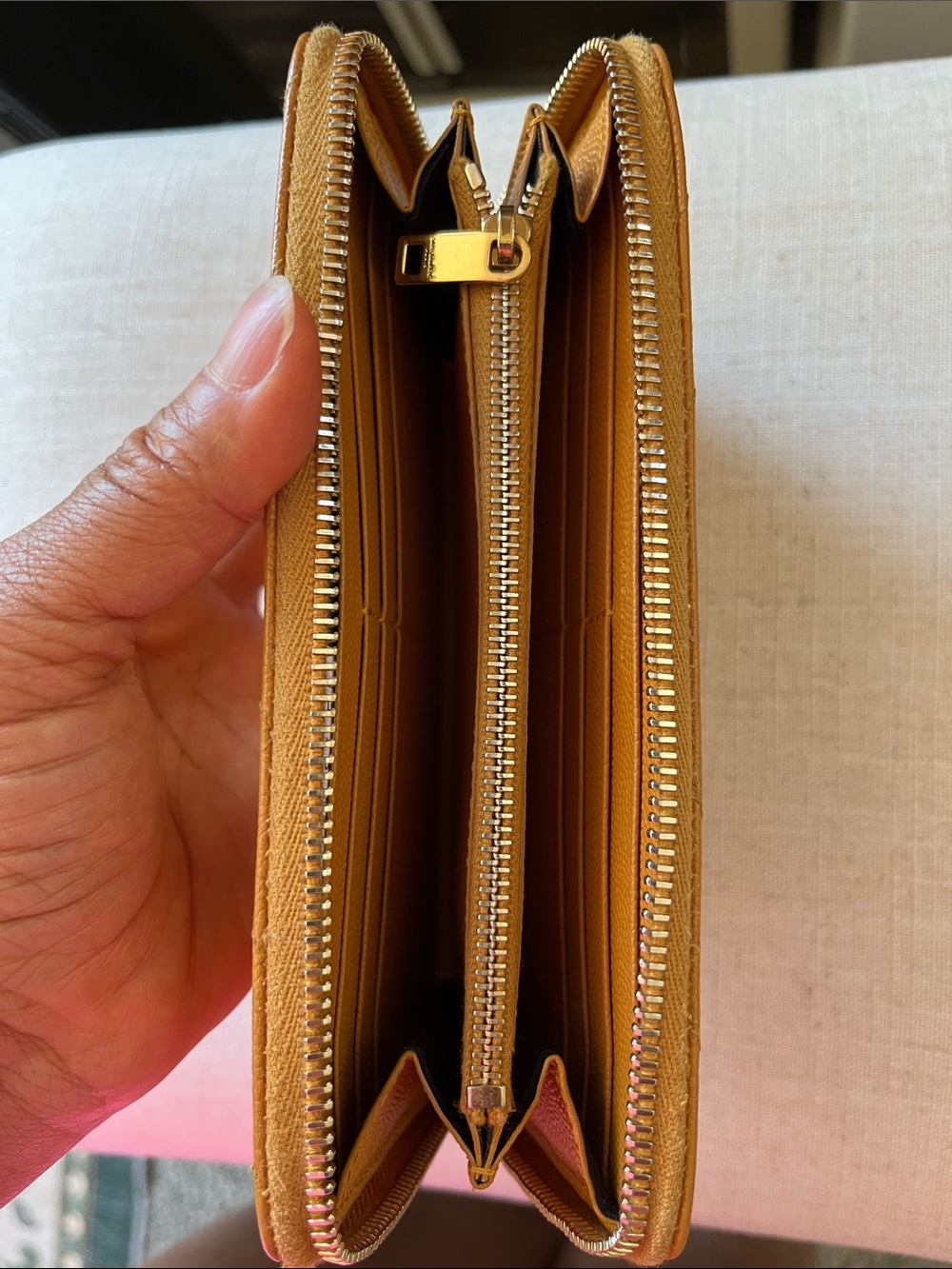 Saint Laurent Quilted Zip Wallet in Mustard Yellow with Gold YSL Logo - Picture 7 of 10